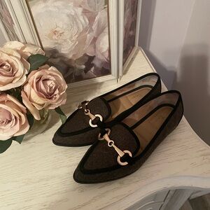 Me Too Black and Tan Women's Flats with Gold Accents